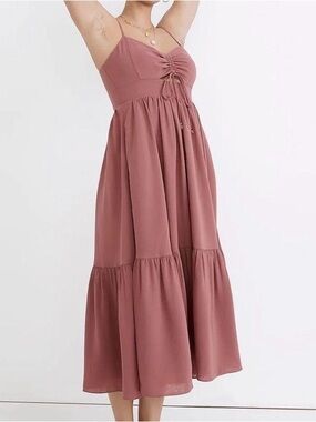 Madewell Ruched Keyhole Tiered Midi Dress Red Quartz Size 8